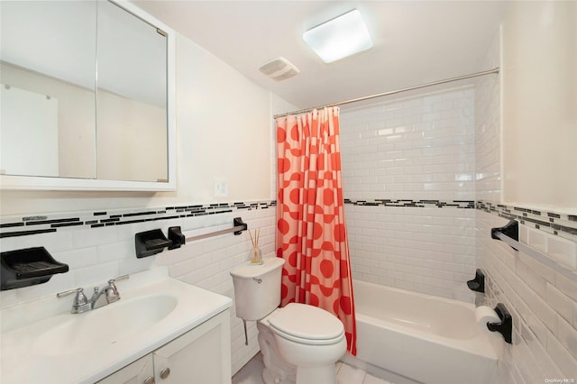 full bathroom featuring vanity, shower / bath combo, tile walls, and toilet