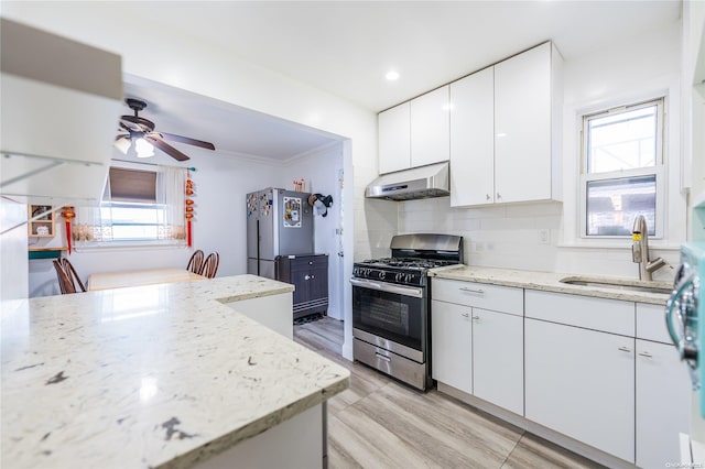 kitchen featuring appliances with stainless steel finishes, backsplash, ventilation hood, sink, and white cabinetry