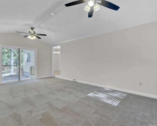 unfurnished room featuring vaulted ceiling with beams, ceiling fan with notable chandelier, and light carpet