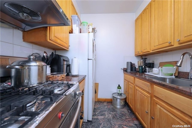 kitchen featuring decorative backsplash, sink, extractor fan, and stainless steel range with gas stovetop