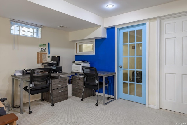 view of carpeted home office