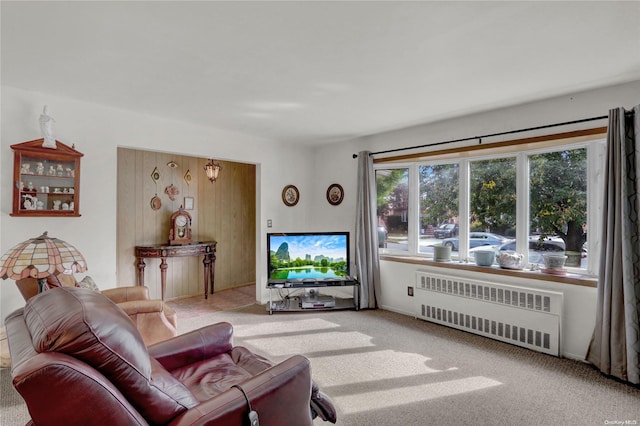 carpeted living room with radiator