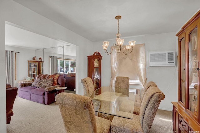 carpeted dining space featuring a wall mounted air conditioner and a notable chandelier