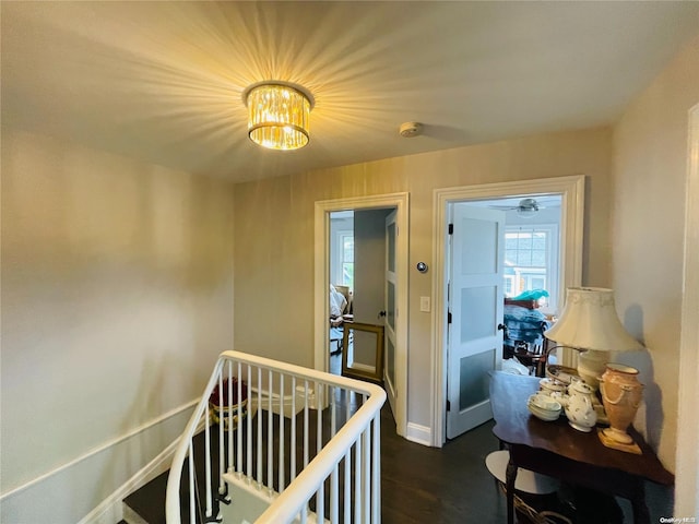 corridor with a chandelier and dark wood-type flooring