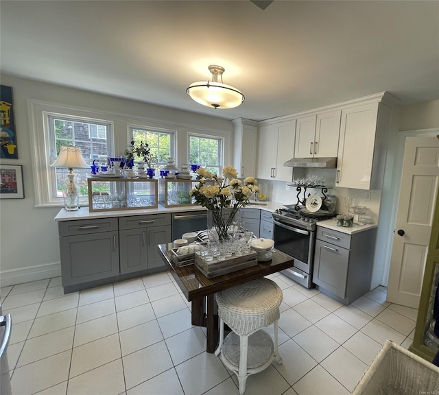 kitchen featuring stainless steel appliances, white cabinetry, a wealth of natural light, and gray cabinetry