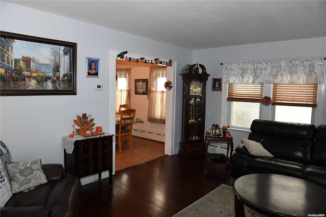 living room featuring dark hardwood / wood-style flooring and baseboard heating