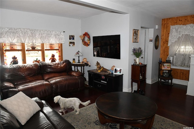 living room featuring dark wood-type flooring and wooden walls