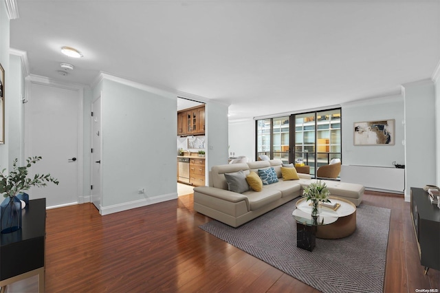 living room with ornamental molding and dark wood-type flooring