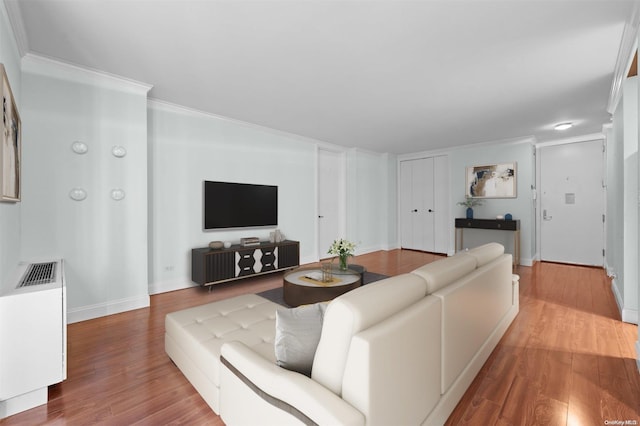 living room featuring ornamental molding and hardwood / wood-style flooring