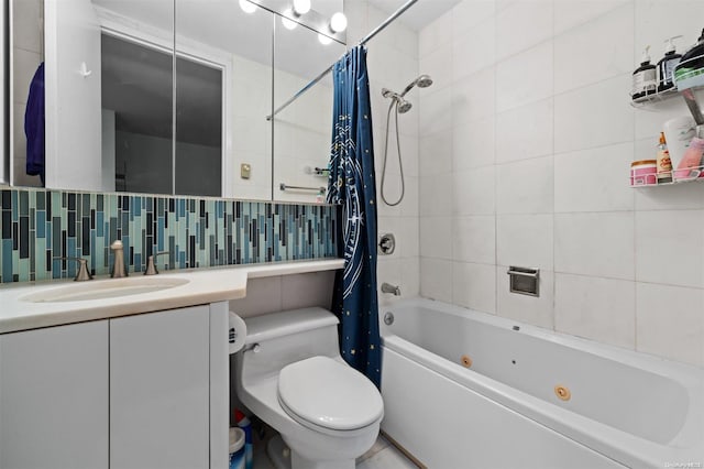 full bathroom featuring vanity, backsplash, toilet, tile walls, and shower / tub combo with curtain