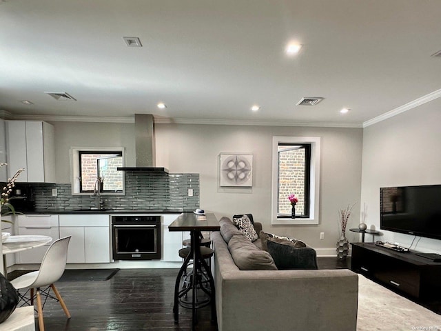 living room featuring sink, crown molding, and dark hardwood / wood-style floors