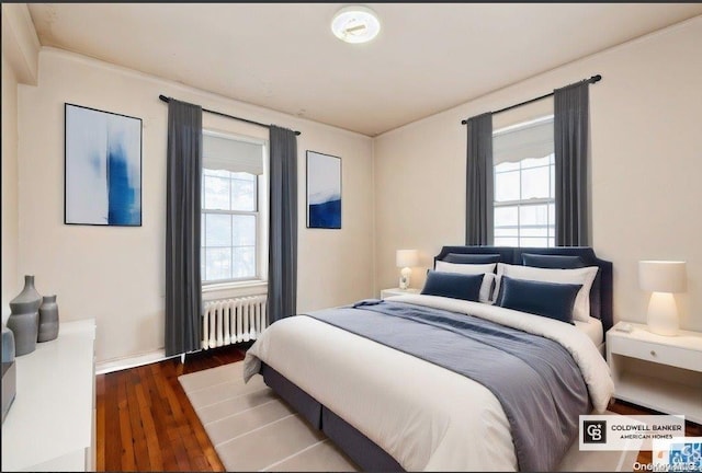 bedroom with radiator and dark wood-type flooring