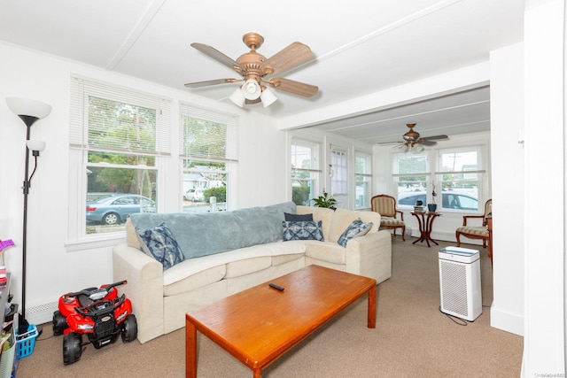 carpeted living room with plenty of natural light and ceiling fan