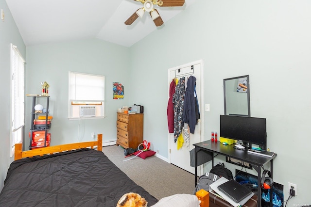 bedroom featuring carpet, vaulted ceiling, ceiling fan, and cooling unit