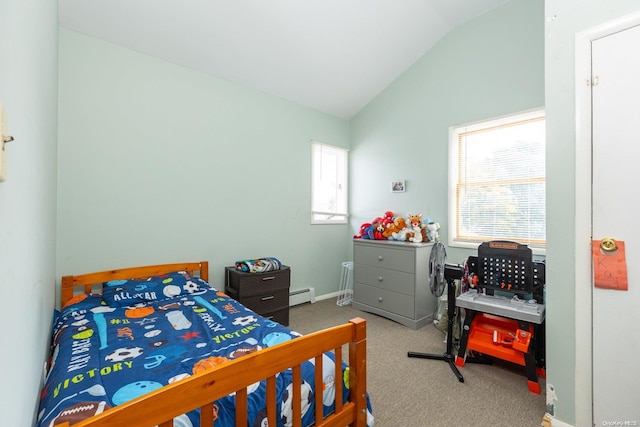 bedroom featuring carpet floors, baseboard heating, and vaulted ceiling