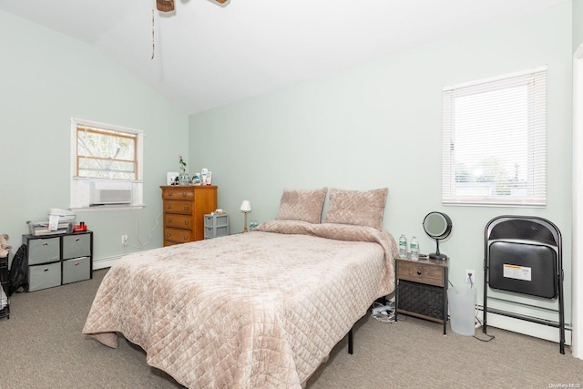 carpeted bedroom with a baseboard heating unit, cooling unit, ceiling fan, and lofted ceiling