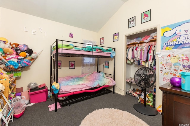 bedroom featuring a closet, carpet floors, and vaulted ceiling