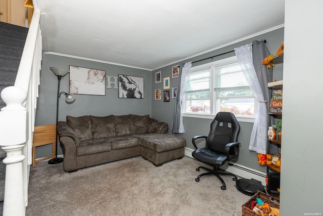 living room featuring carpet floors, crown molding, and baseboard heating