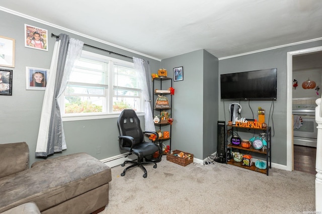 carpeted office with a baseboard radiator and ornamental molding