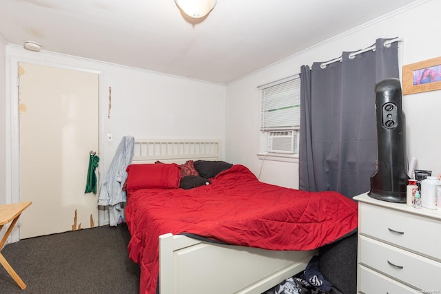 bedroom featuring carpet, cooling unit, and crown molding