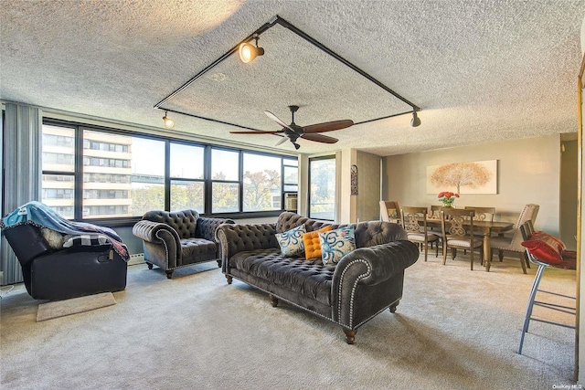 carpeted living room featuring a textured ceiling, a baseboard radiator, ceiling fan, and rail lighting