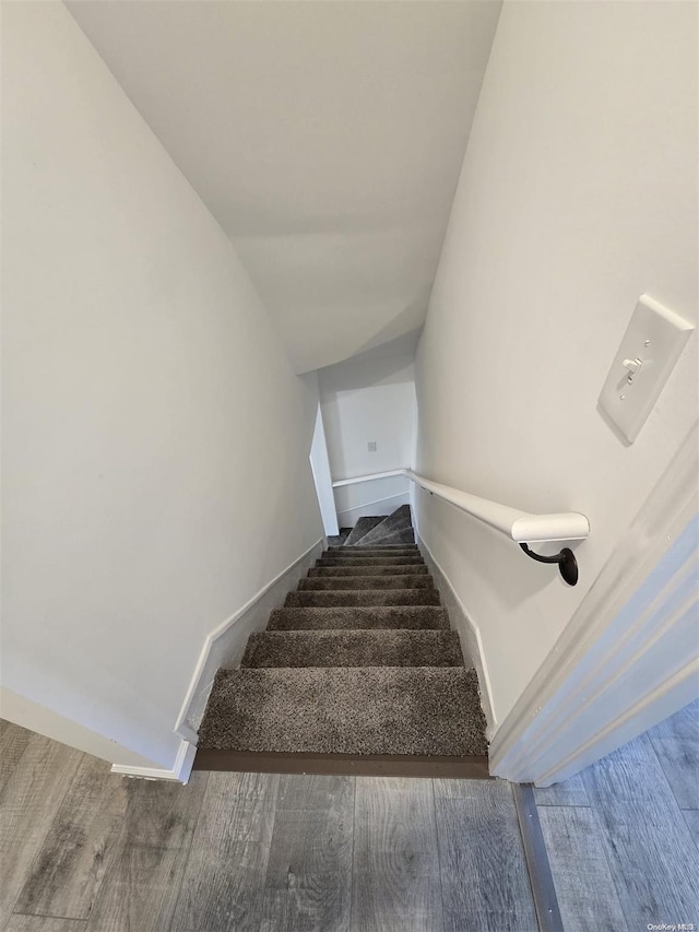 staircase with hardwood / wood-style floors