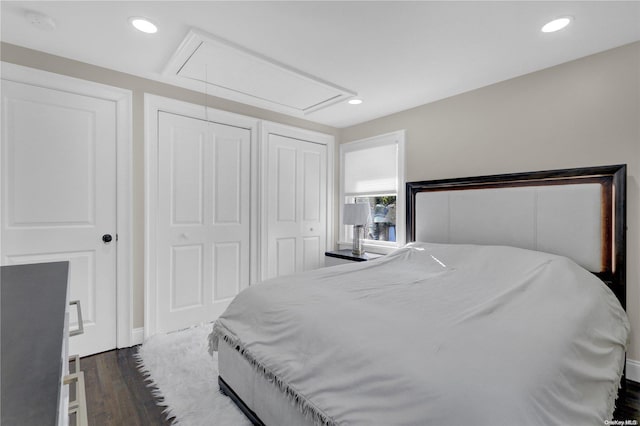 bedroom with dark wood-type flooring and multiple closets