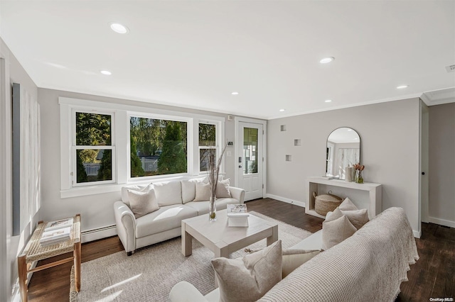 living room with hardwood / wood-style floors, crown molding, and a baseboard heating unit