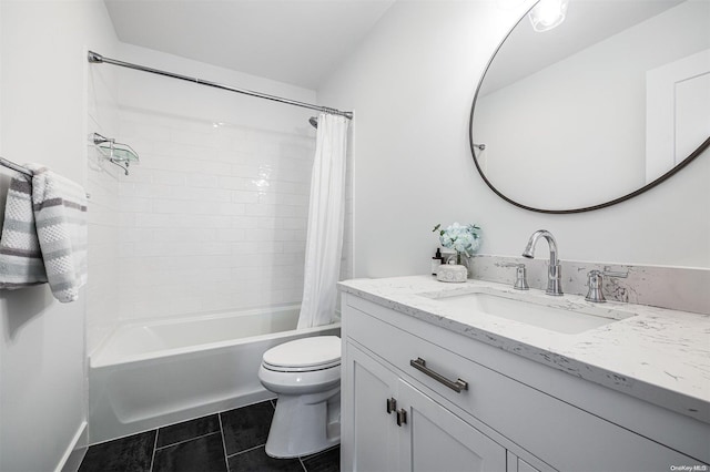 full bathroom featuring tile patterned flooring, shower / bath combo, toilet, and vanity