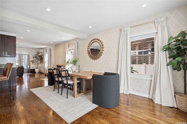 92-52 219th St, Queens Village, NY 11428 - dining area featuring wallpapered walls, dark wood finished floors, recessed lighting, and beam ceiling