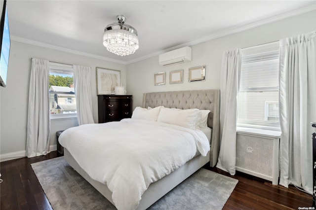 92-52 219th St, Queens Village, NY 11428 - bedroom with a wall mounted AC, radiator, crown molding, dark wood finished floors, and a chandelier