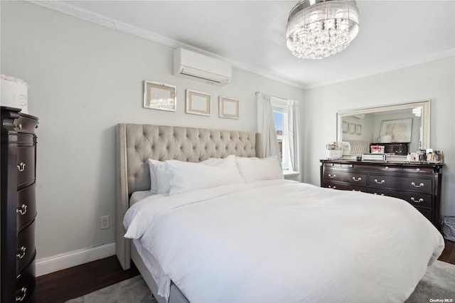 92-52 219th St, Queens Village, NY 11428 - bedroom featuring a wall unit AC, baseboards, dark wood-style flooring, crown molding, and a chandelier