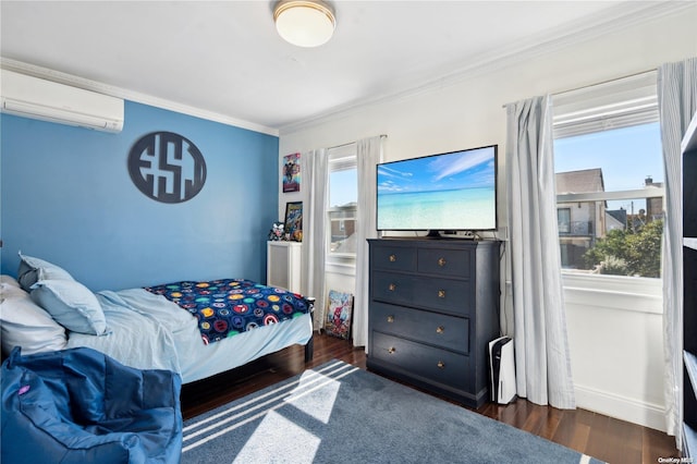 92-52 219th St, Queens Village, NY 11428 - bedroom with an AC wall unit, ornamental molding, multiple windows, and dark wood-style flooring