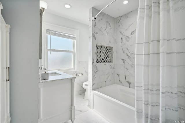 92-52 219th St, Queens Village, NY 11428 - full bath with toilet, vanity, shower / tub combo, and recessed lighting