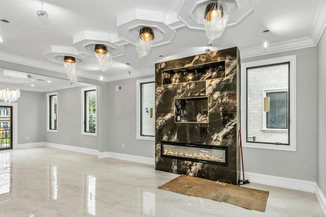 259-09 81st Ave, Glen Oaks, NY 11004 - unfurnished living room with crown molding, a premium fireplace, and marble tiled flooring