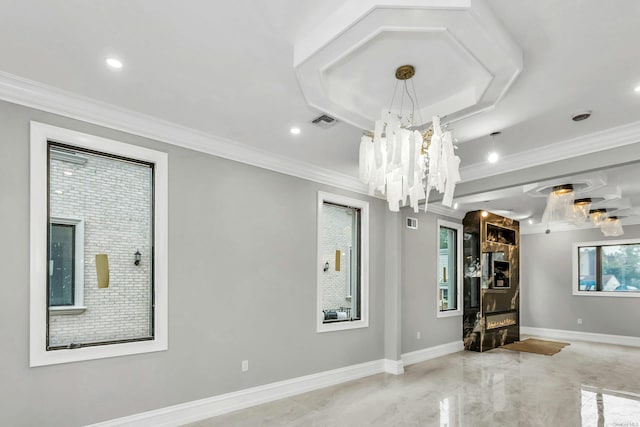 259-09 81st Ave, Glen Oaks, NY 11004 - unfurnished living room with crown molding, a chandelier, and recessed lighting