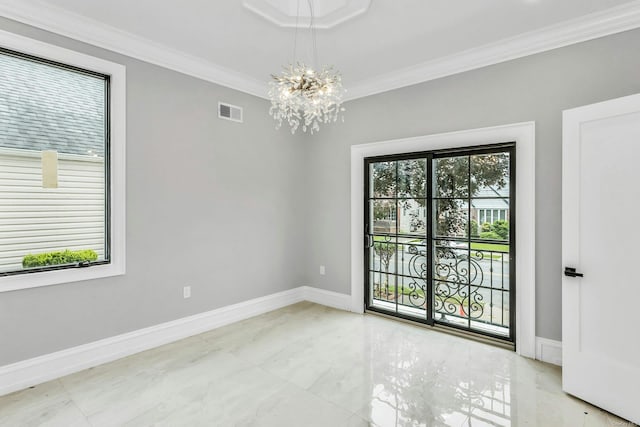259-09 81st Ave, Glen Oaks, NY 11004 - spare room with plenty of natural light, a chandelier, crown molding, and marble finish floors