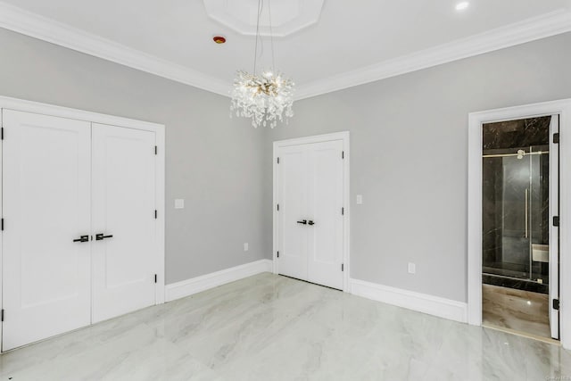 259-09 81st Ave, Glen Oaks, NY 11004 - unfurnished bedroom with marble finish flooring, crown molding, a chandelier, two closets, and ensuite bathroom