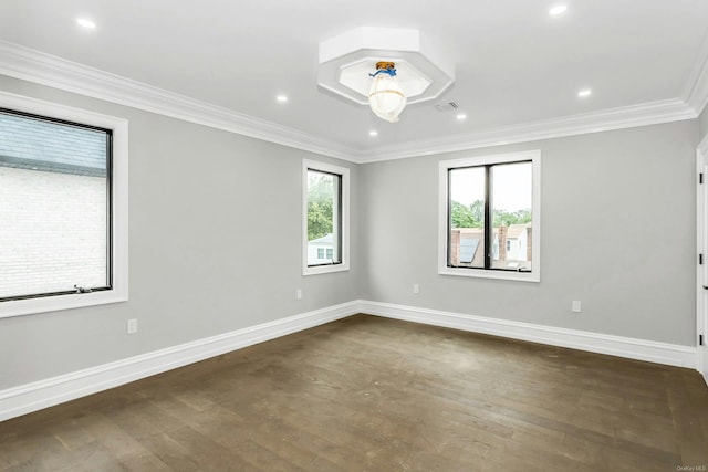 259-09 81st Ave, Glen Oaks, NY 11004 - empty room featuring dark wood-type flooring, ornamental molding, and recessed lighting