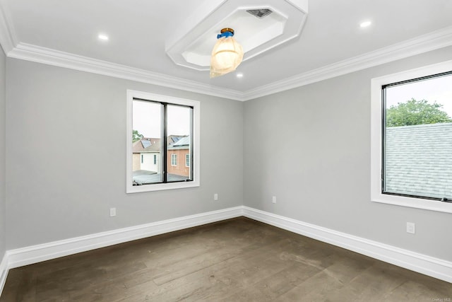 259-09 81st Ave, Glen Oaks, NY 11004 - spare room featuring plenty of natural light, crown molding, dark wood finished floors, and recessed lighting