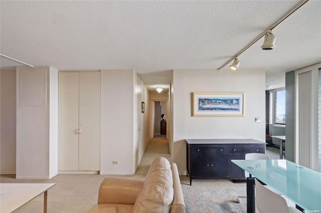 living room featuring carpet floors, track lighting, and a textured ceiling