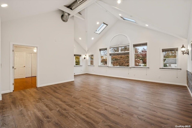 unfurnished living room with beam ceiling, a skylight, dark hardwood / wood-style flooring, and high vaulted ceiling