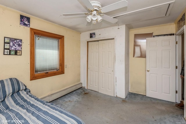 unfurnished bedroom featuring light carpet, a baseboard radiator, a closet, and ceiling fan