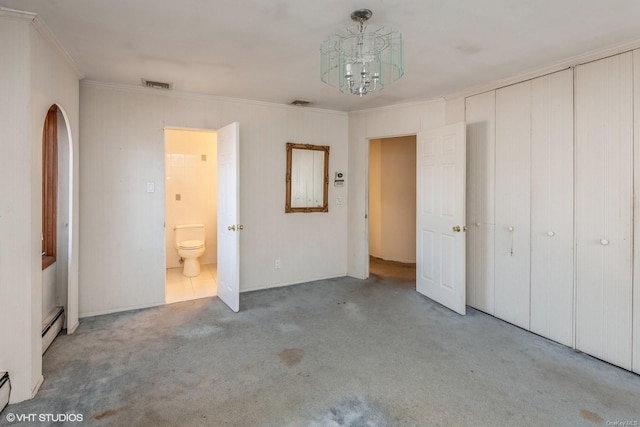 unfurnished bedroom featuring an inviting chandelier, light carpet, ornamental molding, a closet, and a baseboard heating unit