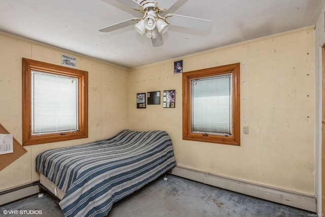 bedroom with ceiling fan, a baseboard radiator, and crown molding