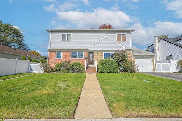 view of property with a garage and a front lawn