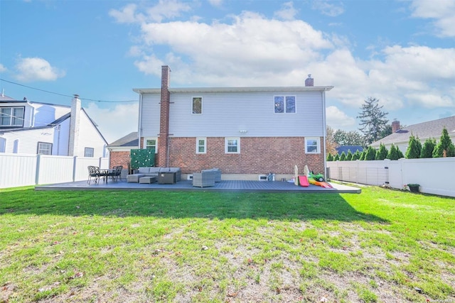 rear view of property featuring a lawn, a patio area, an outdoor hangout area, and central air condition unit