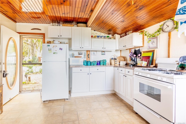 kitchen featuring white cabinets, vaulted ceiling with beams, white appliances, and wooden ceiling