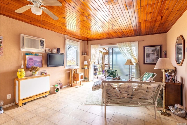 tiled living room with ceiling fan, a wall mounted AC, and wood ceiling