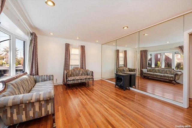 living room featuring a healthy amount of sunlight, wood-type flooring, and a wood stove